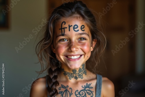 Obraz na płótnie Young girl smiling with positive body art expressing joy w salonie
