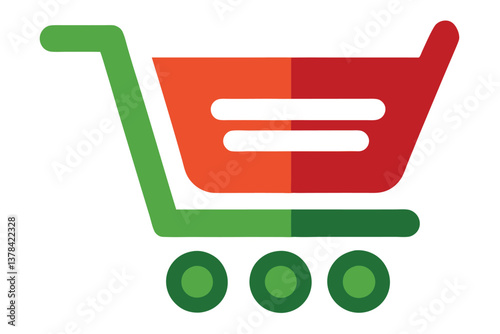 Flat Design Shopping Cart Icon with Orange Accents and Green Details on White