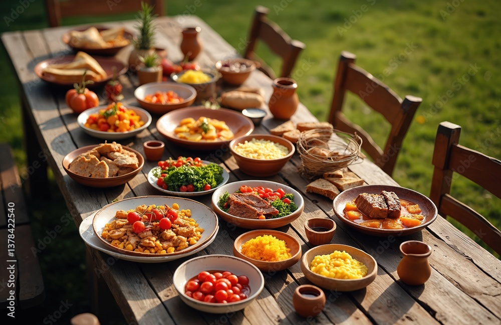 Romanian food platter outdoor on wood table. Grilled meat, polenta, fresh vegetables, bread. Traditional moldavian cuisine on picnic. Rustic meal with wine, cheese. Delicious meal for romantic dinner.