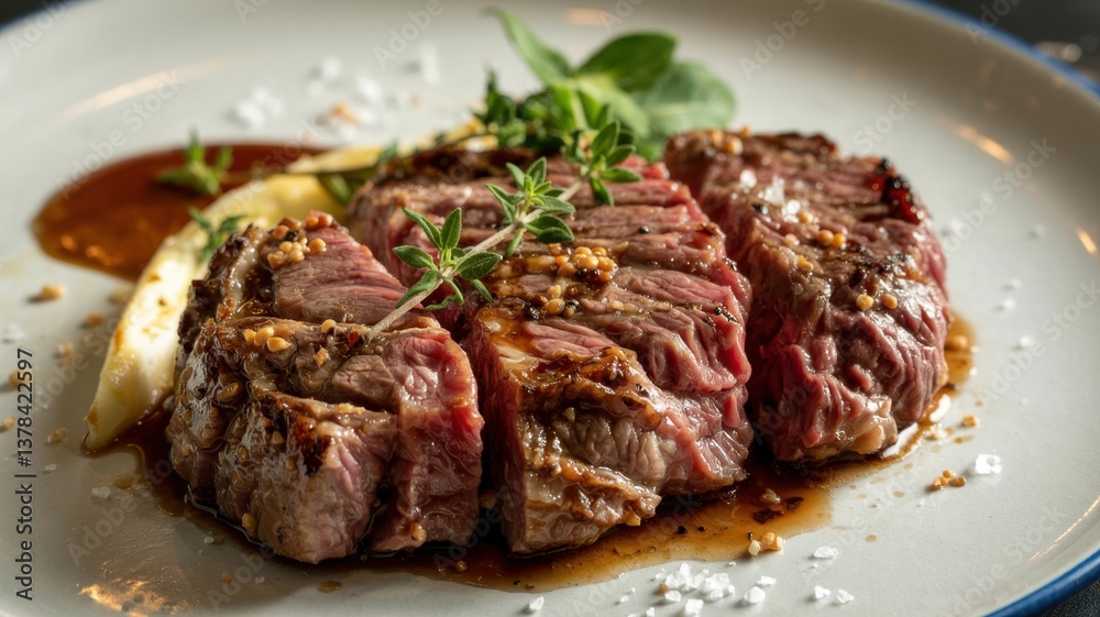 Tender grilled steak with flavorful sauce garnished with herbs served on a white plate Tender grilled steak with flavorful sauce garnished with herbs served on a white plate