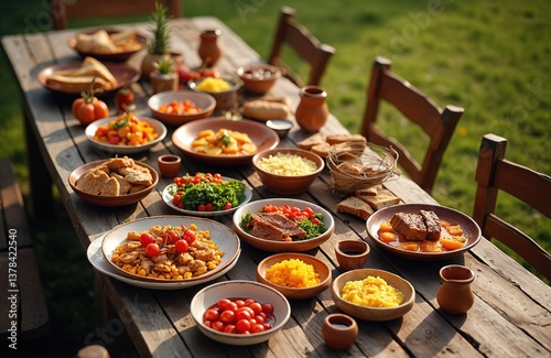 Obraz na płótnie Romanian food platter outdoor on wood table. Grilled meat, polenta, fresh vegetables, bread. Traditional moldavian cuisine on picnic. Rustic meal with wine, cheese. Delicious meal for romantic dinner. w salonie
