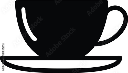 Solid Black Tea Cup Silhouette on Saucer with Clean Lines and Transparent Background