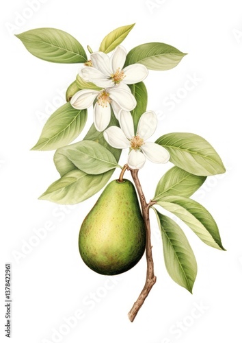 Avocado branch with flower avocado illustration botanical flowers.