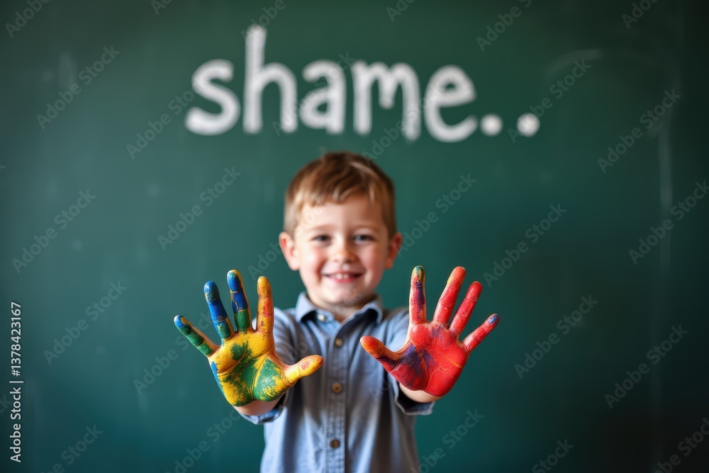 Child with painted hands expressing creativity in classroom
