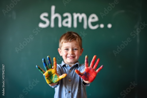 Obraz na płótnie Child with painted hands expressing creativity in classroom w salonie