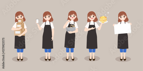 Smiling woman in apron cooking pose set isolated vector illustration