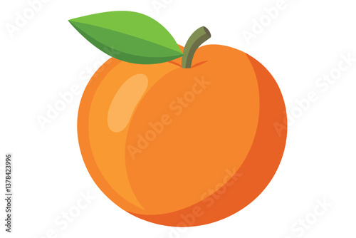 Flat Orange Fruit with Green Leaf and Stem on White Background