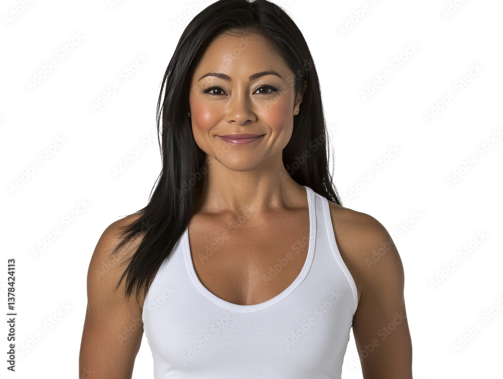 Confident female model with long black hair wearing a simple white tank top posing in a studio with a natural smile on her face showcasing health and fitness Confident female model with long black hair wearing a simple white tank top posing in a studio with a natural smile on her face showcasing health and fitness