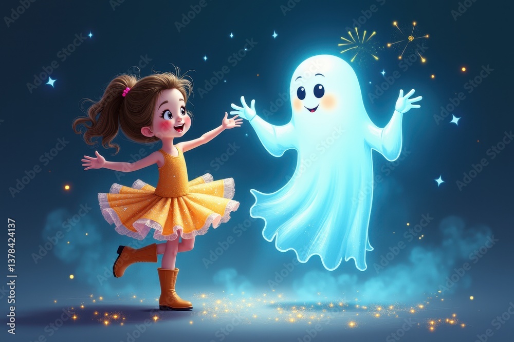 Little girl dancing with friendly ghost starlit sky