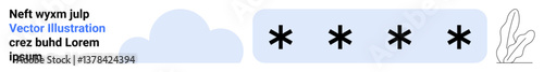 Masked password field with asterisks, decorative cloud and plant accent. Ideal for cybersecurity, data protection, privacy, login screens, secure access, authentication, simple landing page