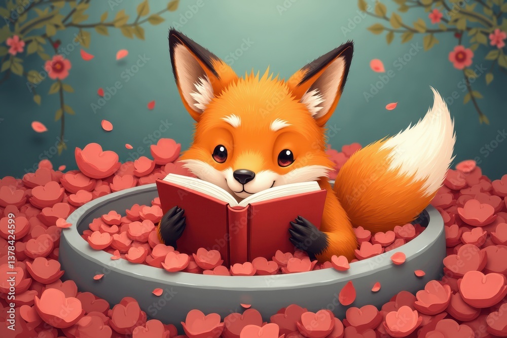 Adorable fox reading book surrounded heart petals