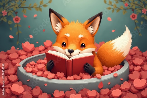 Obraz na płótnie Adorable fox reading book surrounded heart petals w salonie