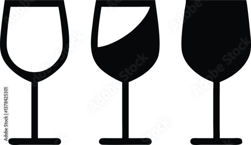 Stylized Wine Glasses Icons, Set of 3, Black and White, Simple Symbol Design
