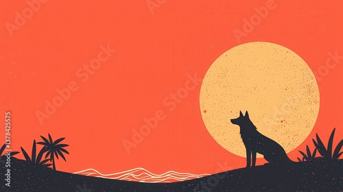 Desert Sunset Silhouette, Dog silhouette at sunset in desert landscape.