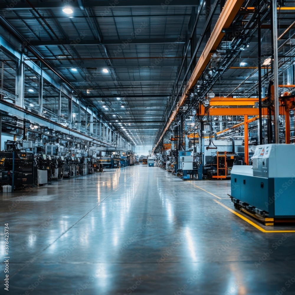 Modern Industrial Factory Interior with Machinery and High Ceilings Modern Industrial Factory Interior with Machinery and High Ceilings