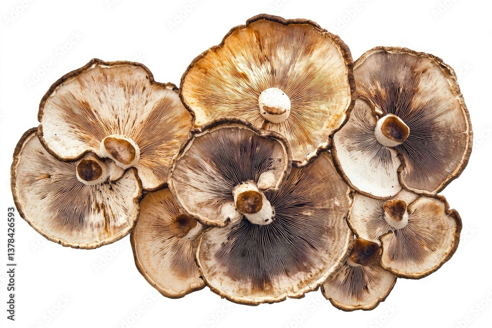Cluster of mushrooms, various shades of brown and beige, top view Cluster of mushrooms, various shades of brown and beige, top view