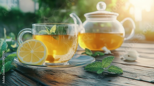 A Refreshing Brew: A clear glass cup of steaming tea, adorned with a sprig of mint and a slice of lemon, sits invitingly on a rustic wooden table.