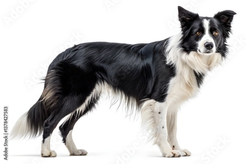 Cute white and black border collie puppy sitting isolated on white