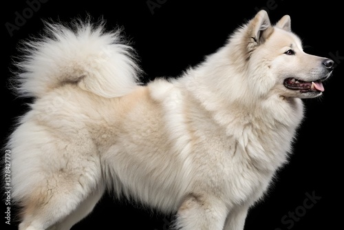 A cute white Alaskan Malamute puppy, a purebred canine pet, sits with its tongue out