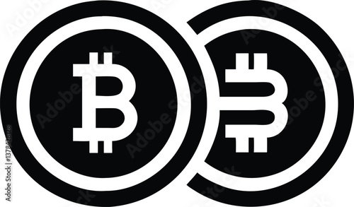 Two Black Coins with White Bitcoin Symbol Overlapping on Transparent Background