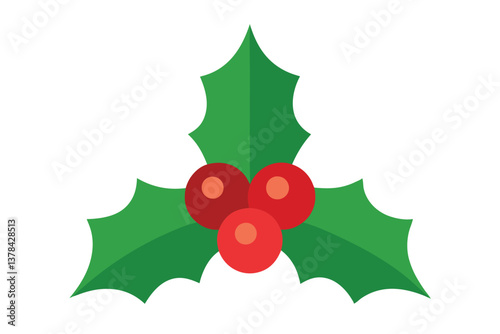 Holly Berry with Green Leaves on White Background Festive Ornament Flat Design