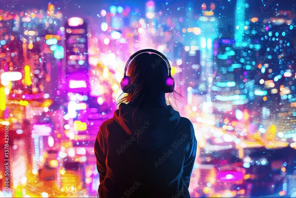 Silhouetted girl in hoodie with purple headphones overlooking a dreamy neon-lit cityscape, perfect for synthwave themes, digital art, and futuristic creative projects Silhouetted girl in hoodie with purple headphones overlooking a dreamy neon-lit cityscape, perfect for synthwave themes, digital art, and futuristic creative projects