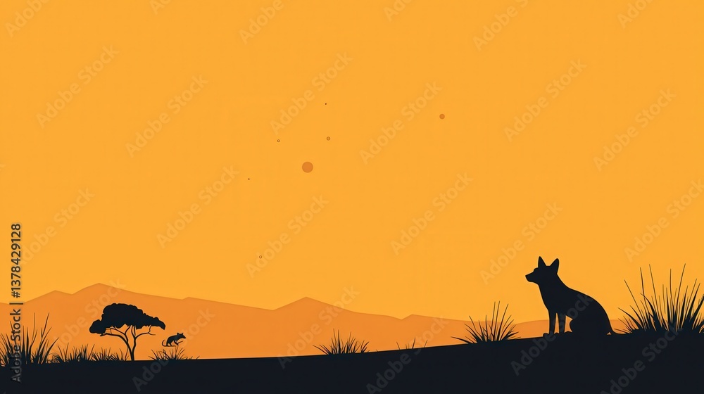 Fototapeta premium African Sunset Silhouette, Silhouette of a wild dog at sunset in the African savanna.