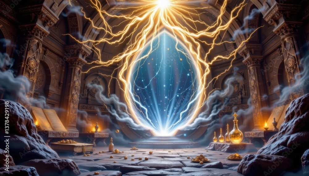 mystical laboratory scene concept. Mystical portal in an ancient, stone chamber surrounded by magical energy and artifacts. mystical laboratory scene concept. Mystical portal in an ancient, stone chamber surrounded by magical energy and artifacts.