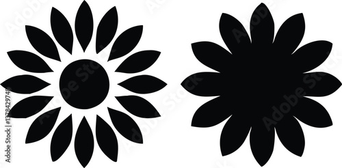 Two Flat Black Sunflower Shapes with Transparent Background Design Element