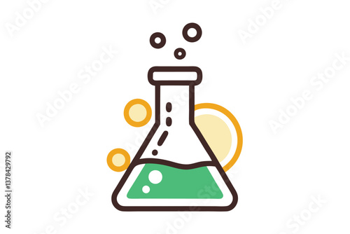 Isolated beaker with green liquid and small bubbles on white