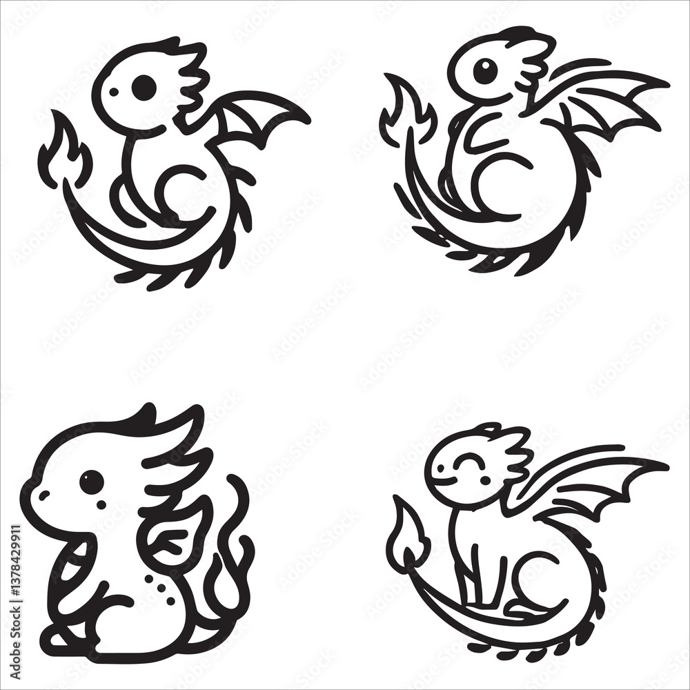 Obraz premium Baby Dragon vector silhouette, simple black an white baby dragon vector silhouette isolated on a white background, Cute dragon coloring page vector art illustration coloring book design