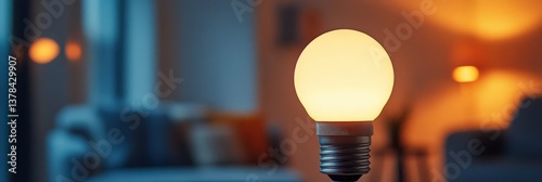 A close-up of an energy-efficient LED bulb glowing softly in a minimalist home