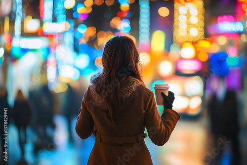 Beautiful young woman holding a coffee cup while walking on a city street at night, with colorful lights and neon signs in the background.