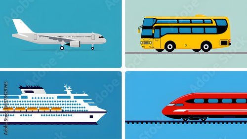 vector set of transport icons. Airplane, Bus, Cruise Ship, and Train. A vector set of 4 different transportation model : airplane, bus, cruise ship and train. This vector is very good for design that 