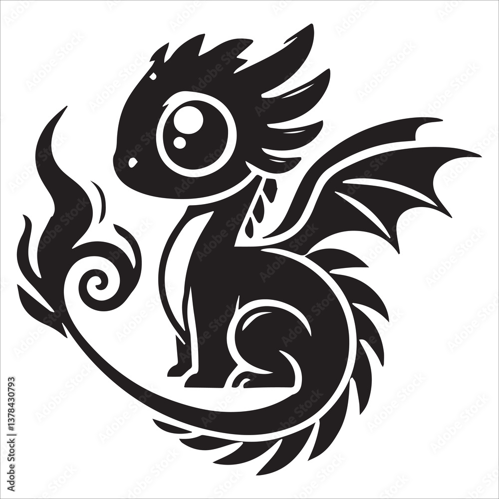 Fototapeta premium Baby Dragon vector silhouette, simple black an white baby dragon vector silhouette isolated on a white background, Cute dragon coloring page vector art illustration coloring book design