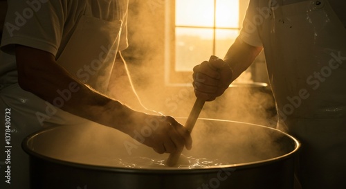 People stirring a large pot with steam rising against a brightly lit window in a warm atmosphere