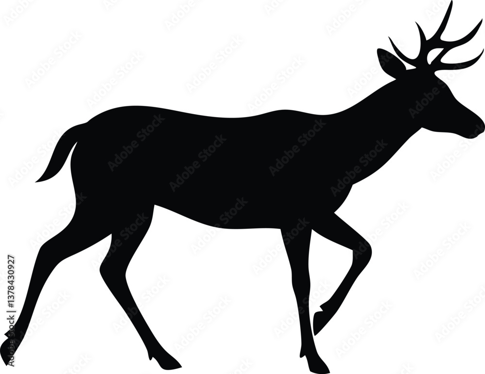 Fototapeta premium Walking Deer Silhouette, Wildlife Animal with Antlers on Transparent Background