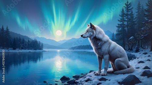 Majestic white wolf gazing at northern lights by serene lake nature's beauty