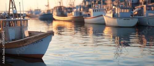Boats rest in a serene harbor at sunrise, their reflections gently rippling in the water; a peaceful start to the day in a coastal village.