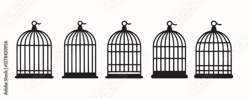 Vintage Birdcage Silhouette Set – Hanging and Standing Cages for Pet Birds, Decorative Interiors, and Retro-Themed Designs