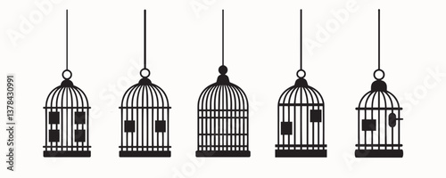 Vintage Birdcage Silhouette Set – Hanging and Standing Cages for Pet Birds, Decorative Interiors, and Retro-Themed Designs