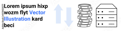 Server rack alongside coin stack with arrows for data transfer. Ideal for finance, technology, automation, data management, blockchain, cloud storage, and simple landing page