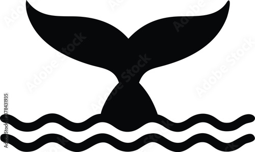 Whale Tail Silhouette with Waves, Ocean Life, Marine Element on Transparent BG