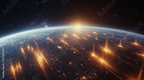 Fototapeta Naklejka Na Ścianę i Meble -  A massive space station orbiting Earth with glowing energy lines