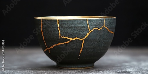 Japanese art kintsugi cracked cup with golden lines