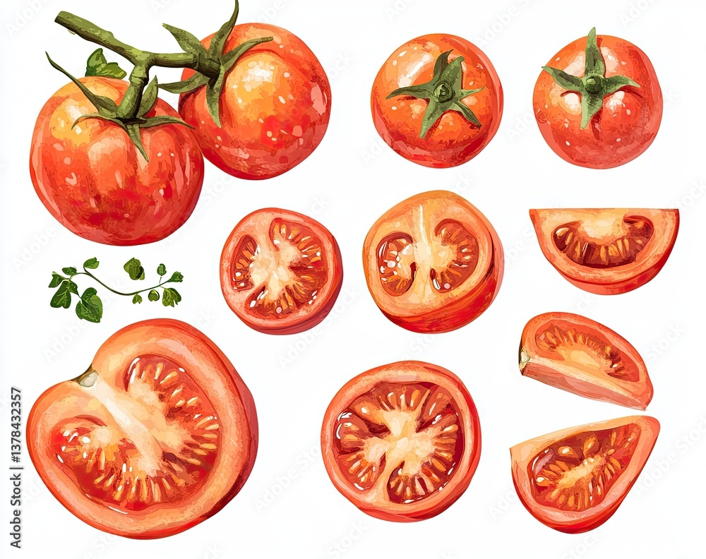 Fresh, vibrant tomatoes, whole and sliced, with leaves Fresh, vibrant tomatoes, whole and sliced, with leaves