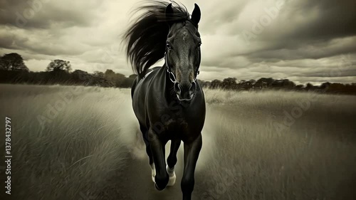 Powerful black horse galloping through a field