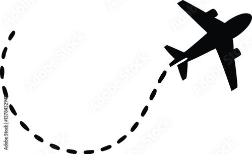 Airplane Trajectory in Black Silhouette Isolated on Transparent Background Flight Path
