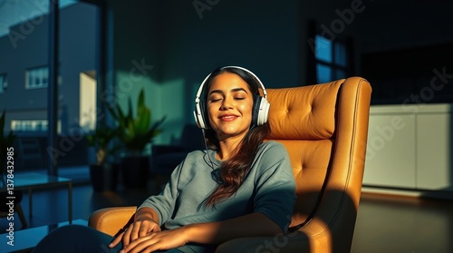 young woman with headphones sitting on a chair