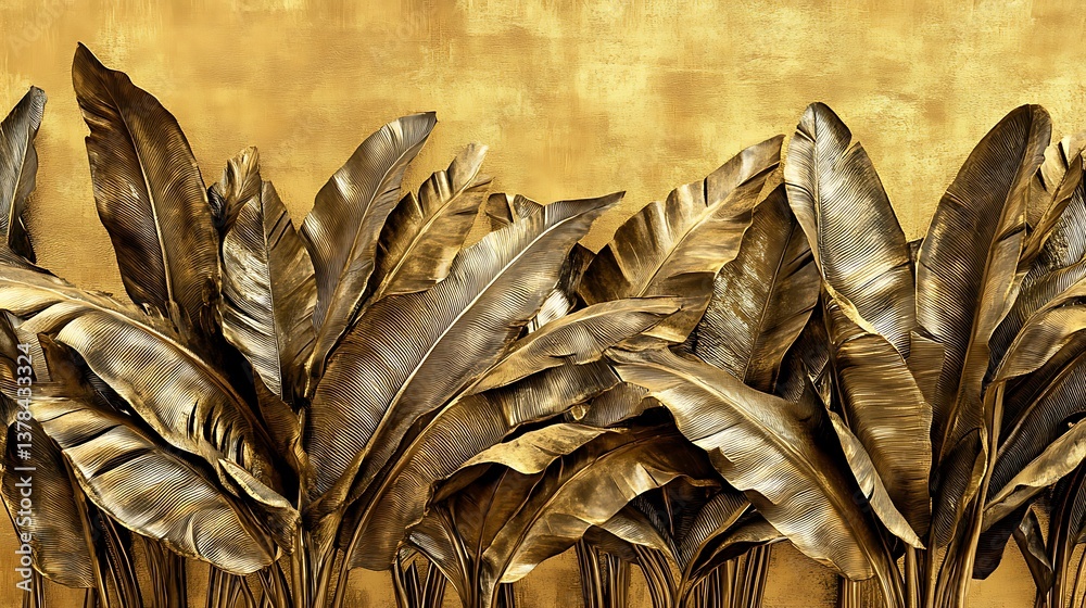 Naklejka premium Elegant golden leaves of tropical plants against textured gold backdrop